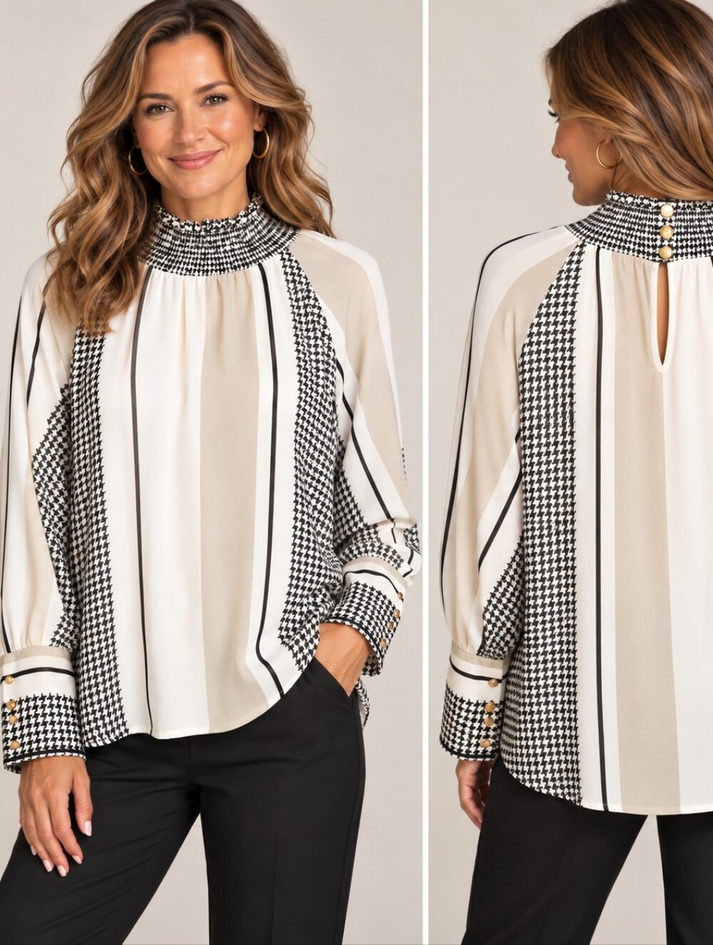 Donna Karan Houndstooth Stripe Mock Neck Blouse Gold Buttons XL A338
